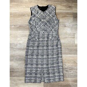 Escada 38 Sz 8 Black Ivory Plaid Tweed Fringed Textured Sheath Midi Dress V Neck